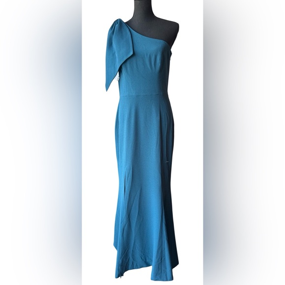 Dress the Population Georgina One-Shoulder Crepe Gown peacock blue NWT Large - Picture 3 of 9